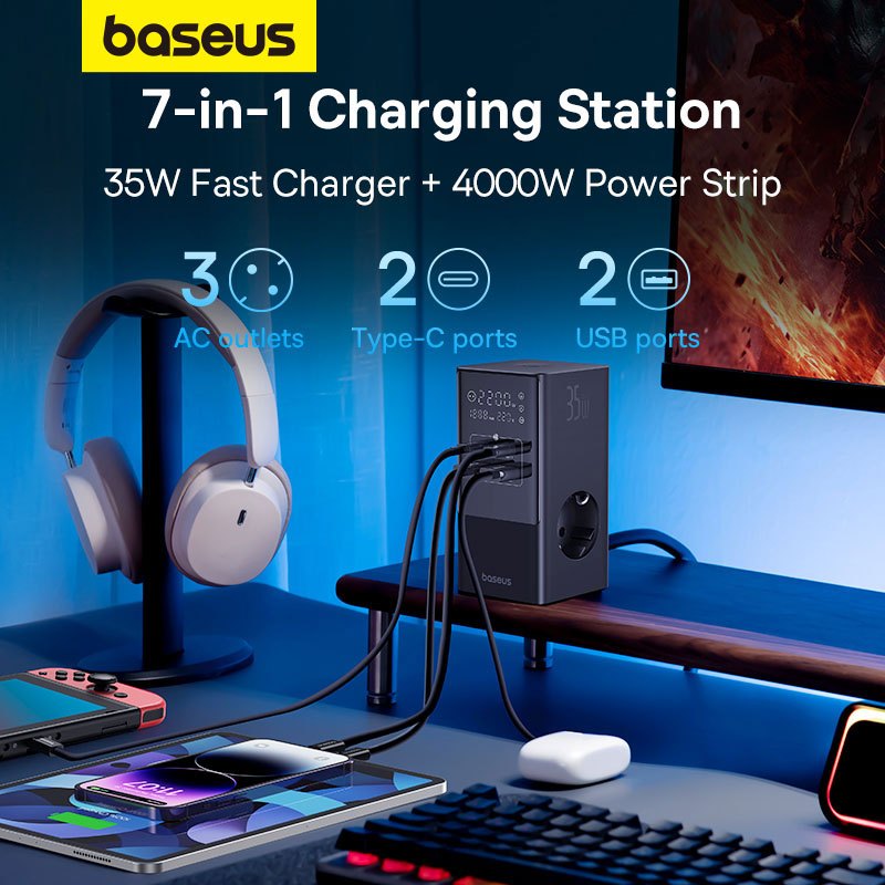 شارژر دیواری فست شارژ Baseus Power Combo E0002360 7Port GaN 3A 30W