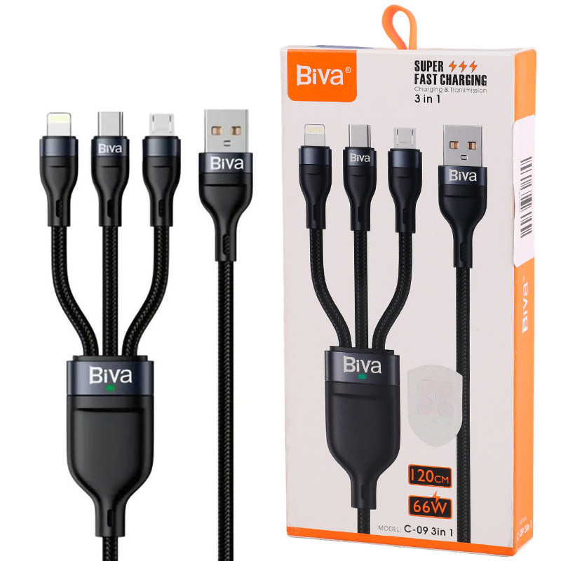 کابل 3 سر فست شارژ Biva C-09 66W 1.2m