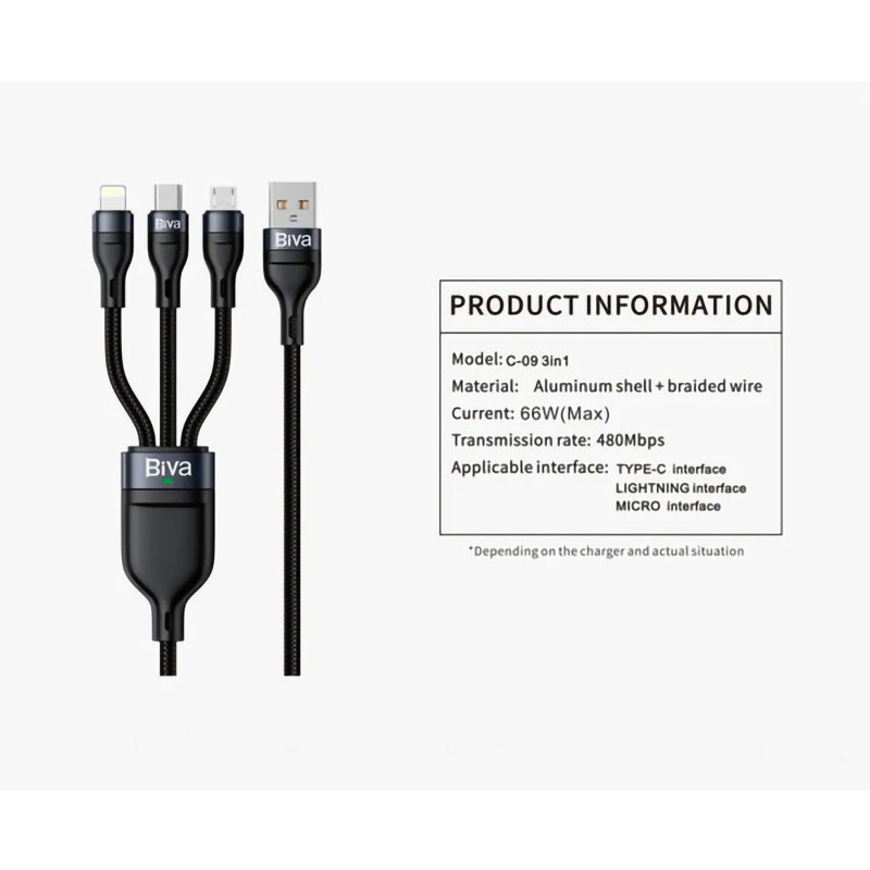 کابل 3 سر فست شارژ Biva C-09 66W 1.2m