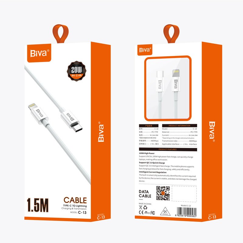 کابل تبدیل فست شارژ Biva C-13 Type-C To Lightning 2.4A 20W 1.5m