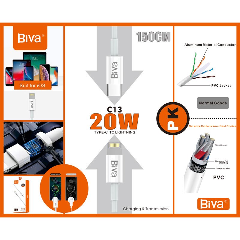 کابل تبدیل فست شارژ Biva C-13 Type-C To Lightning 2.4A 20W 1.5m
