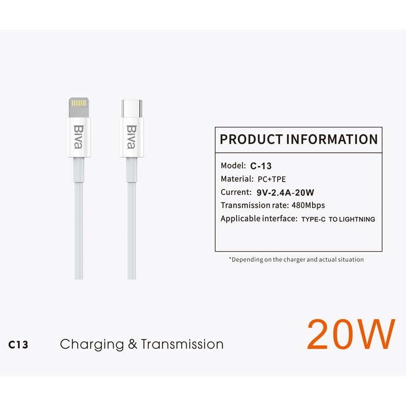 کابل تبدیل فست شارژ Biva C-13 Type-C To Lightning 2.4A 20W 1.5m