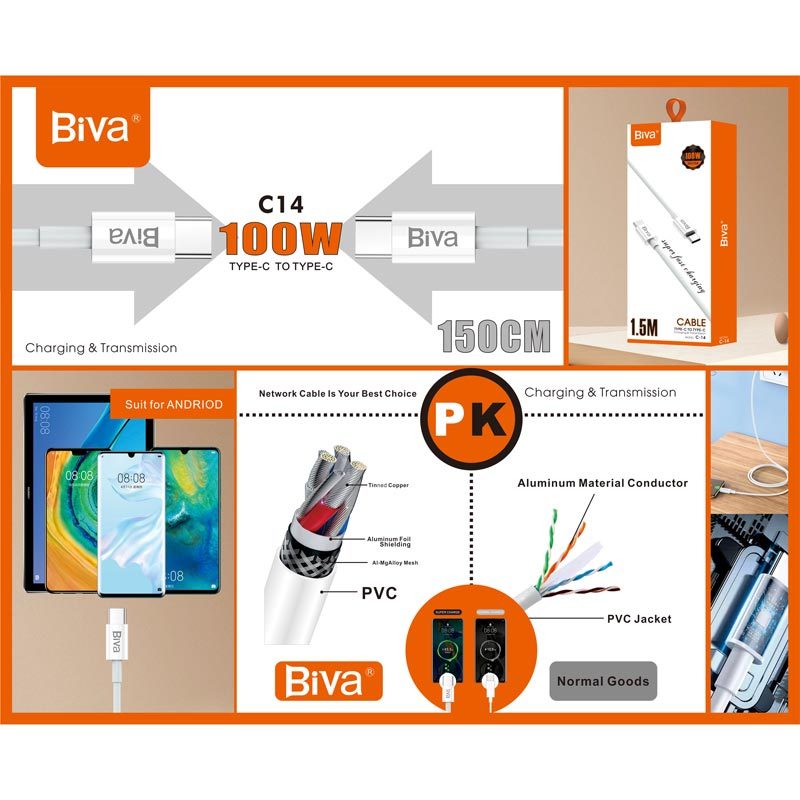 کابل تبدیل فست شارژ Biva C-14 Type-C To Type-C 100W 1.5m