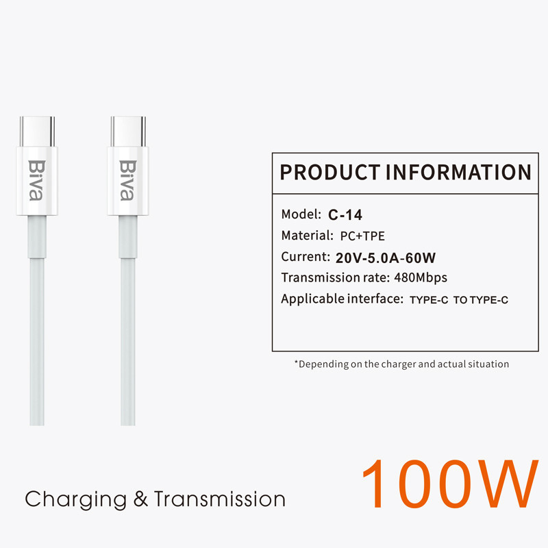 کابل تبدیل فست شارژ Biva C-14 Type-C To Type-C 100W 1.5m
