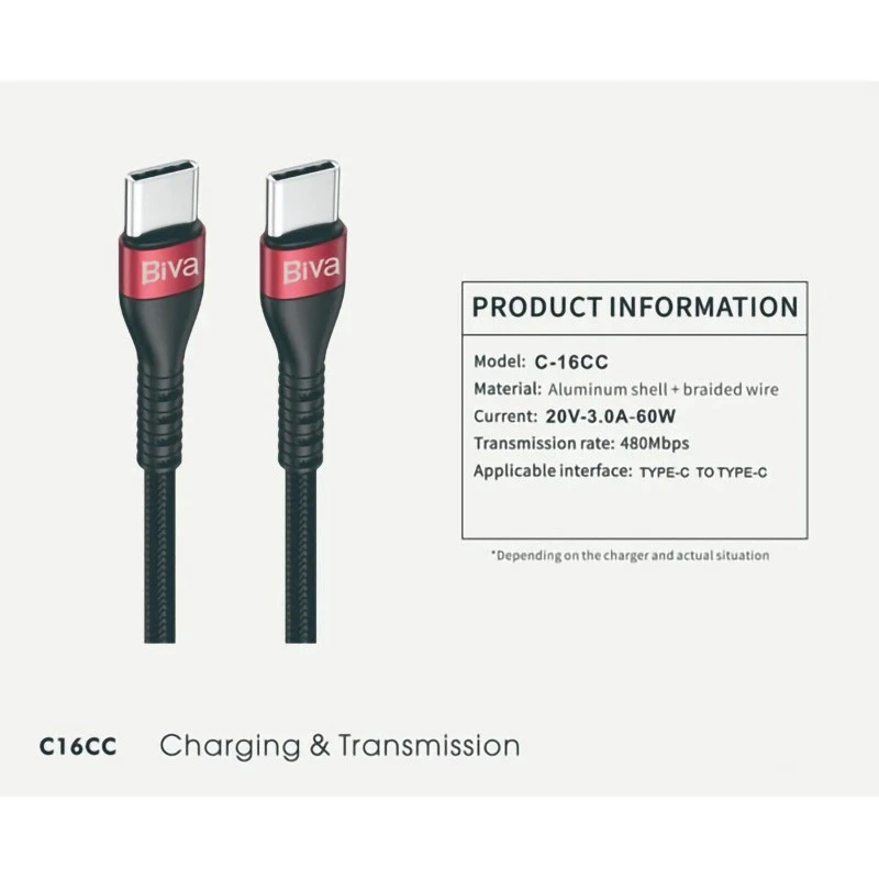 کابل تبدیل فست شارژ Biva C-16CC Type-C to Type-C 3A 60W 1.2m