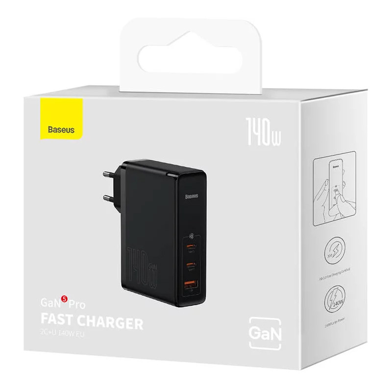 شارژر دیواری فست شارژ Baseus GaN5 Pro CCGP100 3Port 5A QC PD 140W + کابل تبدیل تایپ سی
