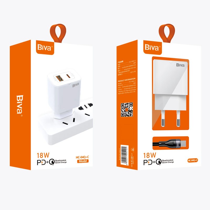 شارژر دیواری فست شارژ Biva HC-04Q-c 2Port QC3.0 PD 3A 18W + کابل میکرو یو اس بی