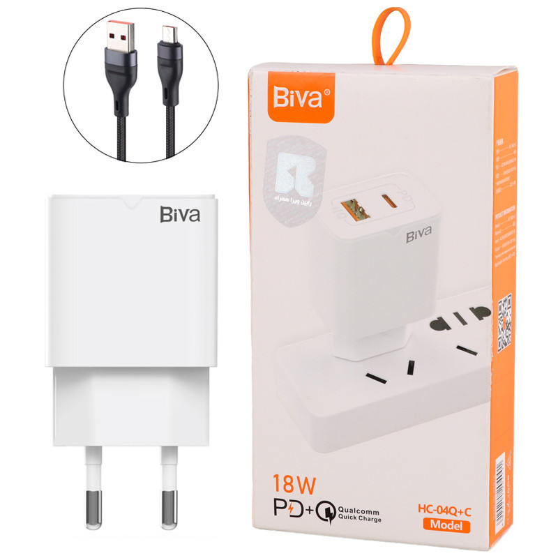 شارژر دیواری فست شارژ Biva HC-04Q-c 2Port QC3.0 PD 3A 18W + کابل میکرو یو اس بی
