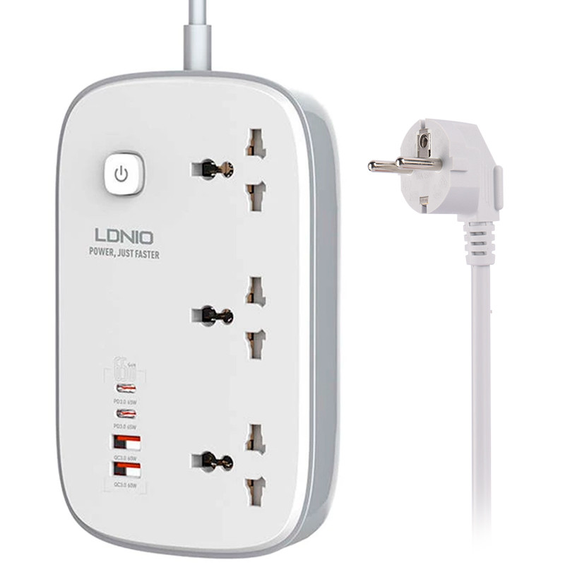 چند راهی 3 خانه برق ارت دار الدینیو SC3416 با کابل 2 متری + شارژر USB و Type-C