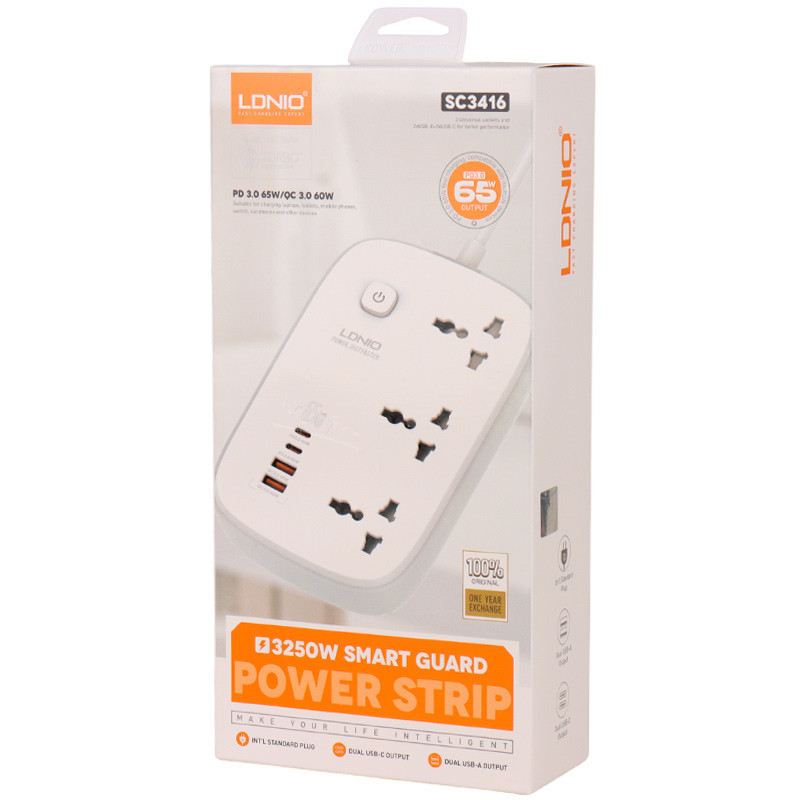 چند راهی 3 خانه برق ارت دار الدینیو SC3416 با کابل 2 متری + شارژر USB و Type-C