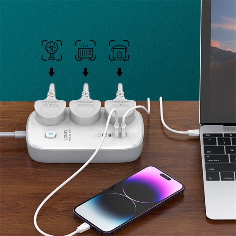 چند راهی 3 خانه برق ارت دار الدینیو SC3416 با کابل 2 متری + شارژر USB و Type-C