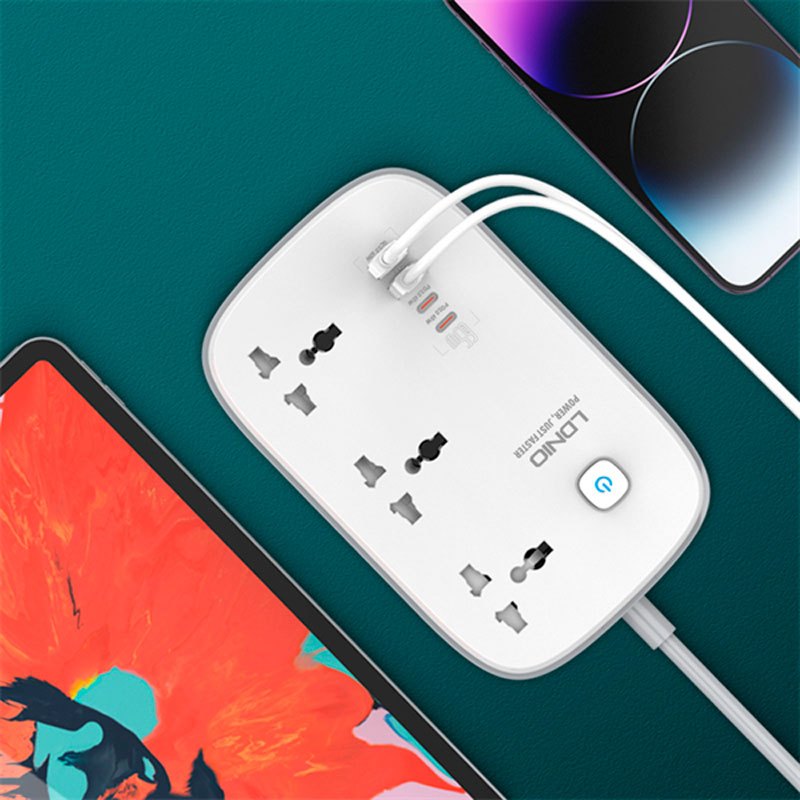 چند راهی 3 خانه برق ارت دار الدینیو SC3416 با کابل 2 متری + شارژر USB و Type-C