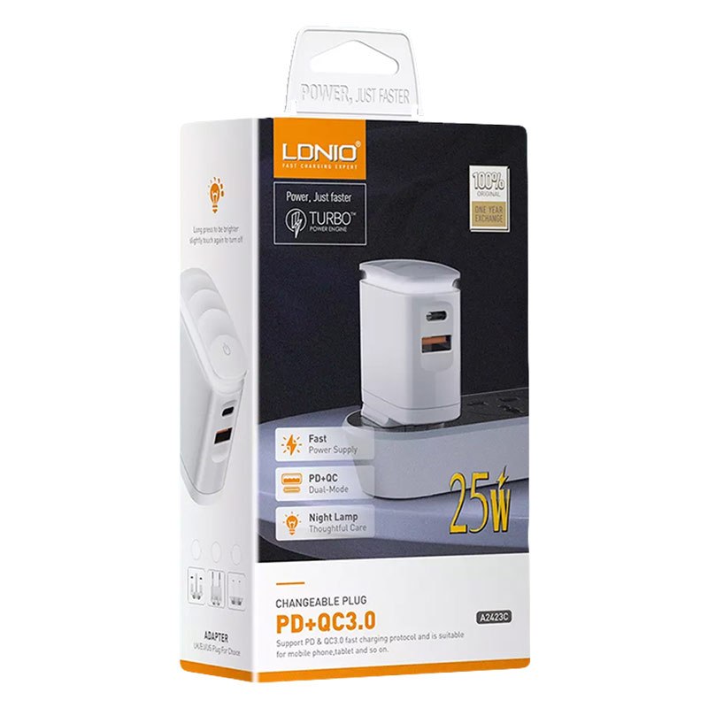 شارژر دیواری فست شارژ Ldnio A2423C 2Port 3A QC3.0 PD 25W + کابل تایپ سی