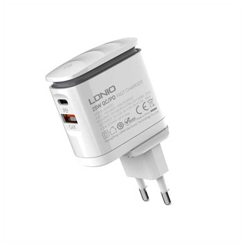 شارژر دیواری فست شارژ Ldnio A2423C 2Port 3A QC3.0 PD 25W + کابل تایپ سی
