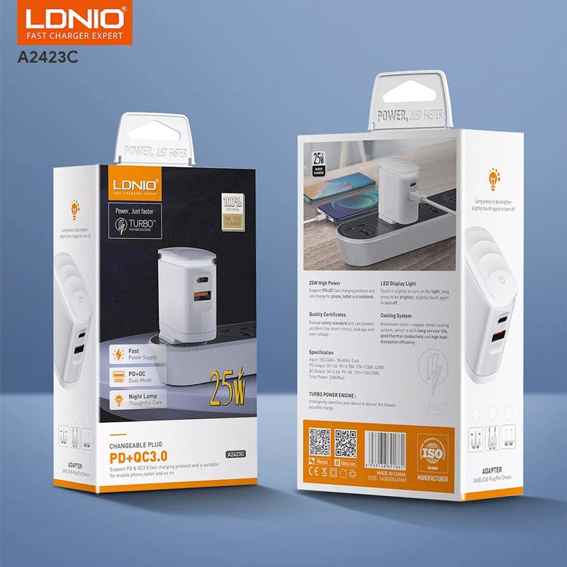 شارژر دیواری فست شارژ Ldnio A2423C 2Port 3A QC3.0 PD 25W + کابل تایپ سی