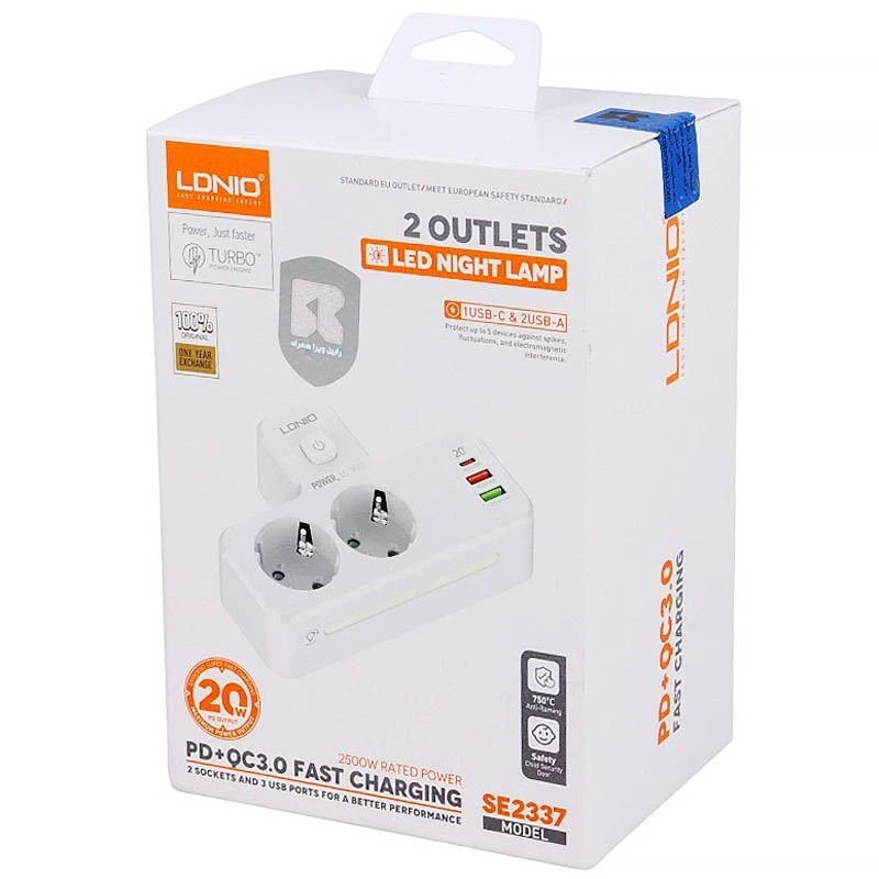 چند راهی 2 خانه برق الدینیو SE2337 + شارژر USB و Type-C