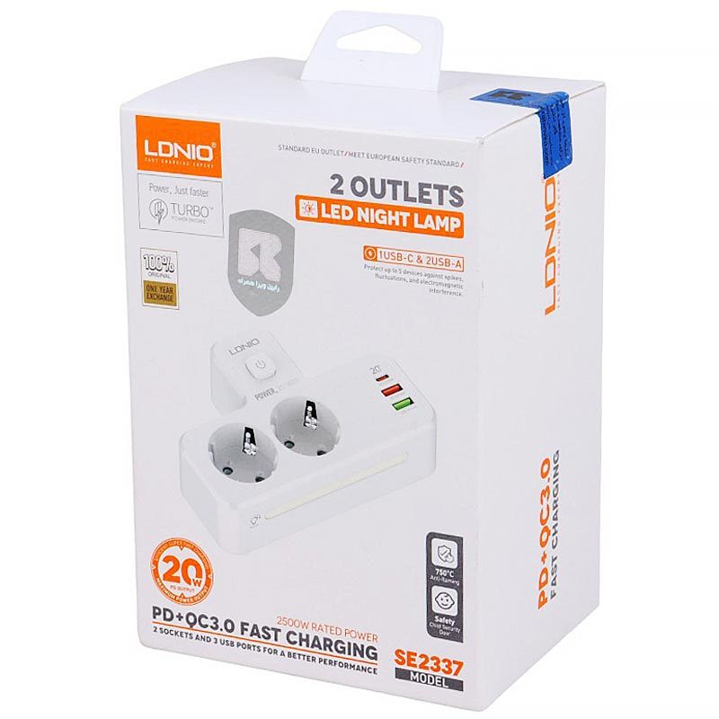 چند راهی 2 خانه برق الدینیو SE2337 + شارژر USB و Type-C