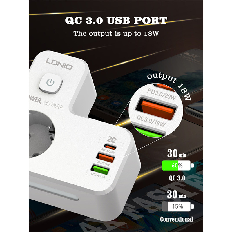 چند راهی 2 خانه برق الدینیو SE2337 + شارژر USB و Type-C