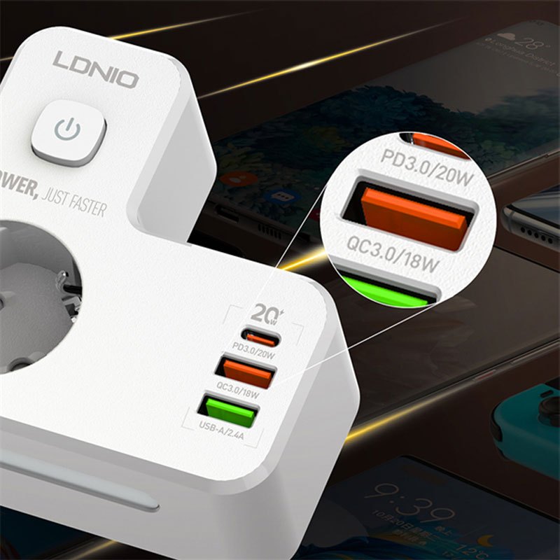 چند راهی 2 خانه برق الدینیو SE2337 + شارژر USB و Type-C