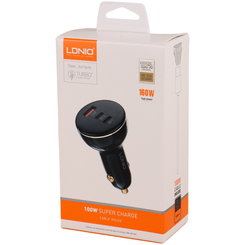 شارژر فندکی فست شارژ Ldnio C102 5A QC3.0 PD 100W + کابل تایپ سی