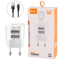 شارژر دیواری Biva HC-03 2Port 2A 10W + کابل میکرو یو اس بی