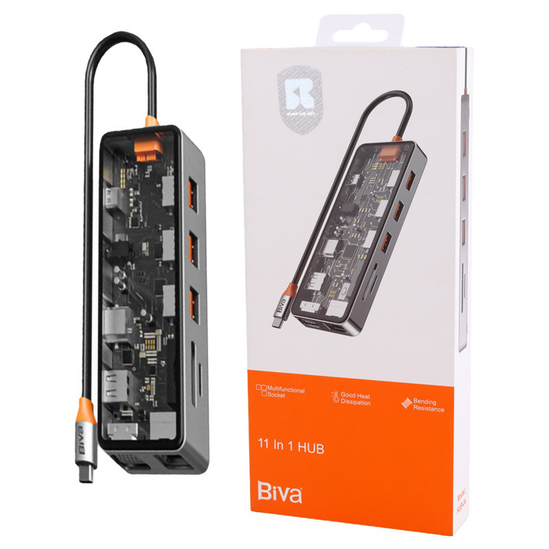 هاب و رم ریدر Biva HUB-04 Type-C To USB2.0/USB3.0/HDMI/RJ45/VGA/AUX/SD/Micro SD/Type-C PD