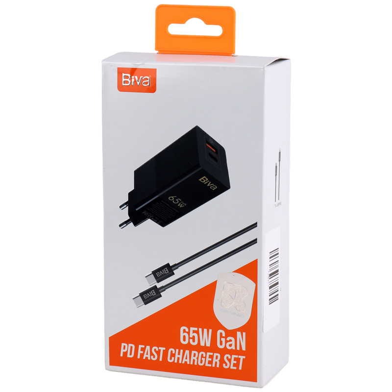 شارژر دیواری فست شارژ Biva HC-16 2Port GaN 5A QC3.0 PD 65W + کابل تبدیل تایپ سی