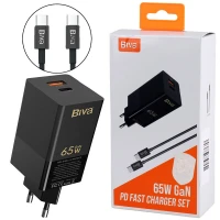شارژر دیواری فست شارژ Biva HC-16 2Port GaN 5A QC3.0 PD 65W + کابل تبدیل تایپ سی