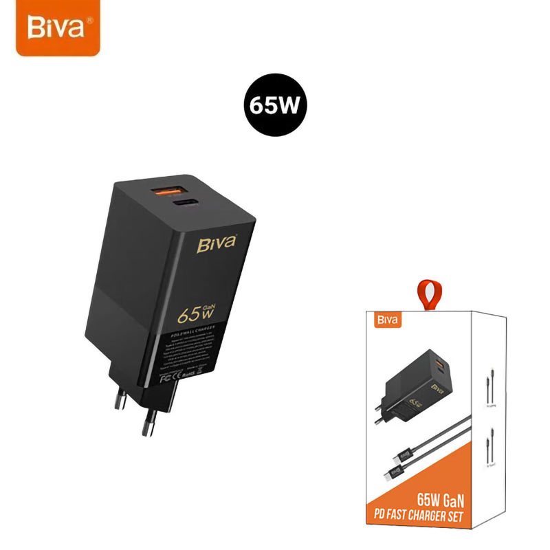 شارژر دیواری فست شارژ Biva HC-16 2Port GaN 5A QC3.0 PD 65W + کابل تبدیل تایپ سی
