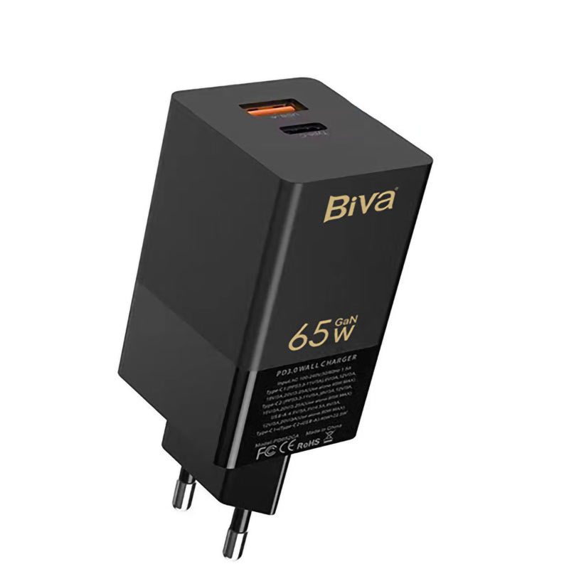 شارژر دیواری فست شارژ Biva HC-16 2Port GaN 5A QC3.0 PD 65W + کابل تبدیل تایپ سی