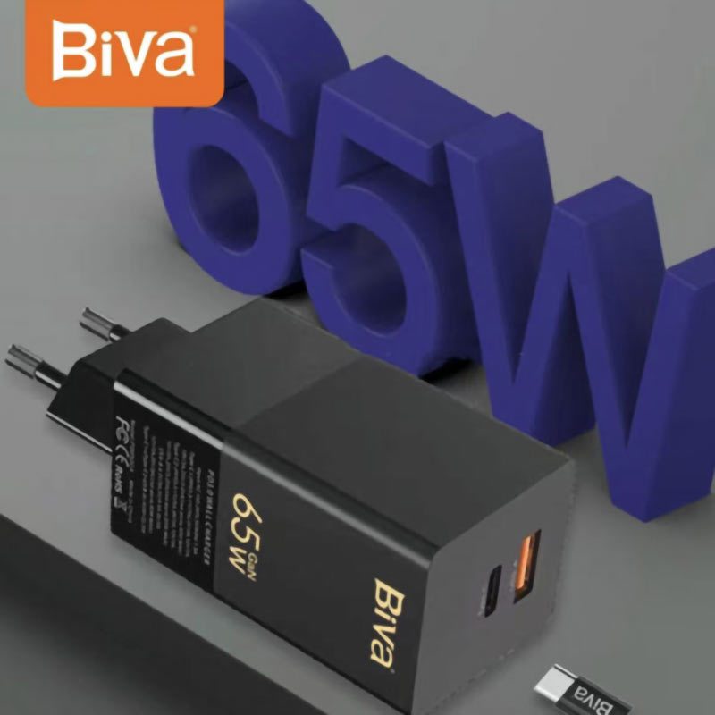 شارژر دیواری فست شارژ Biva HC-16 2Port GaN 5A QC3.0 PD 65W + کابل تبدیل تایپ سی