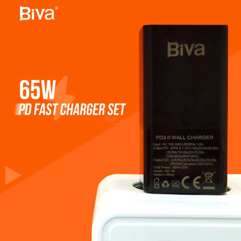 شارژر دیواری فست شارژ Biva HC-16 2Port GaN 5A QC3.0 PD 65W + کابل تبدیل تایپ سی