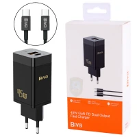 شارژر دیواری فست شارژ Biva HC-15 2Port GaN 3A QC3.0 PD 45W + کابل تبدیل تایپ سی