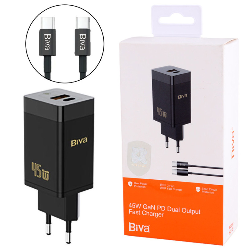 شارژر دیواری فست شارژ Biva HC-15 2Port GaN 3A QC3.0 PD 45W + کابل تبدیل تایپ سی