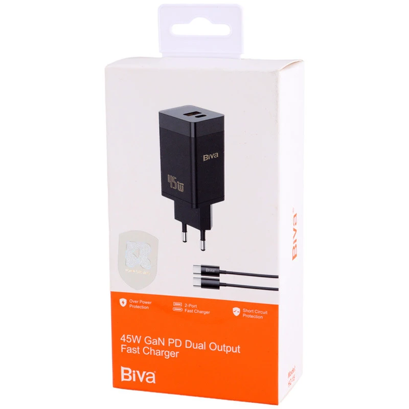 شارژر دیواری فست شارژ Biva HC-15 2Port GaN 3A QC3.0 PD 45W + کابل تبدیل تایپ سی