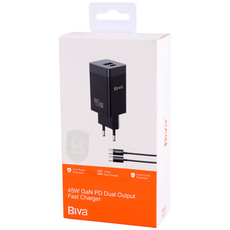 شارژر دیواری فست شارژ Biva HC-15 2Port GaN 3A QC3.0 PD 45W + کابل تبدیل تایپ سی