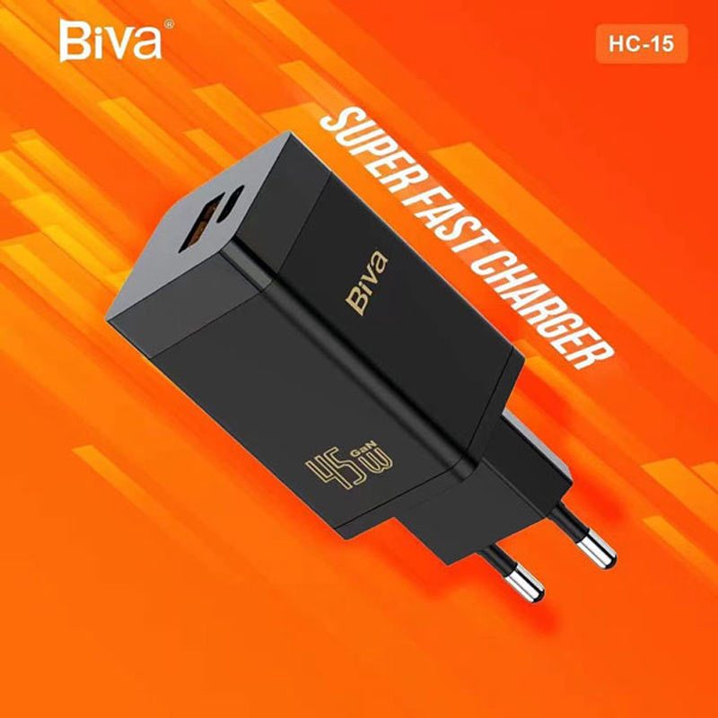 شارژر دیواری فست شارژ Biva HC-15 2Port GaN 3A QC3.0 PD 45W + کابل تبدیل تایپ سی