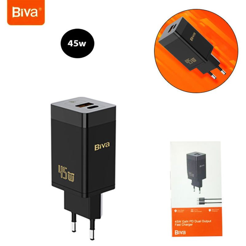 شارژر دیواری فست شارژ Biva HC-15 2Port GaN 3A QC3.0 PD 45W + کابل تبدیل تایپ سی