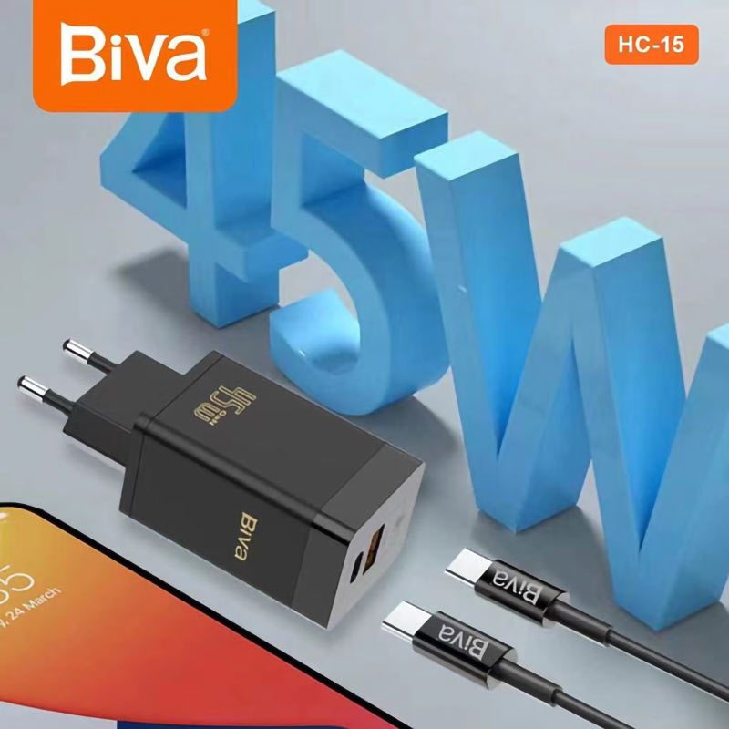 شارژر دیواری فست شارژ Biva HC-15 2Port GaN 3A QC3.0 PD 45W + کابل تبدیل تایپ سی