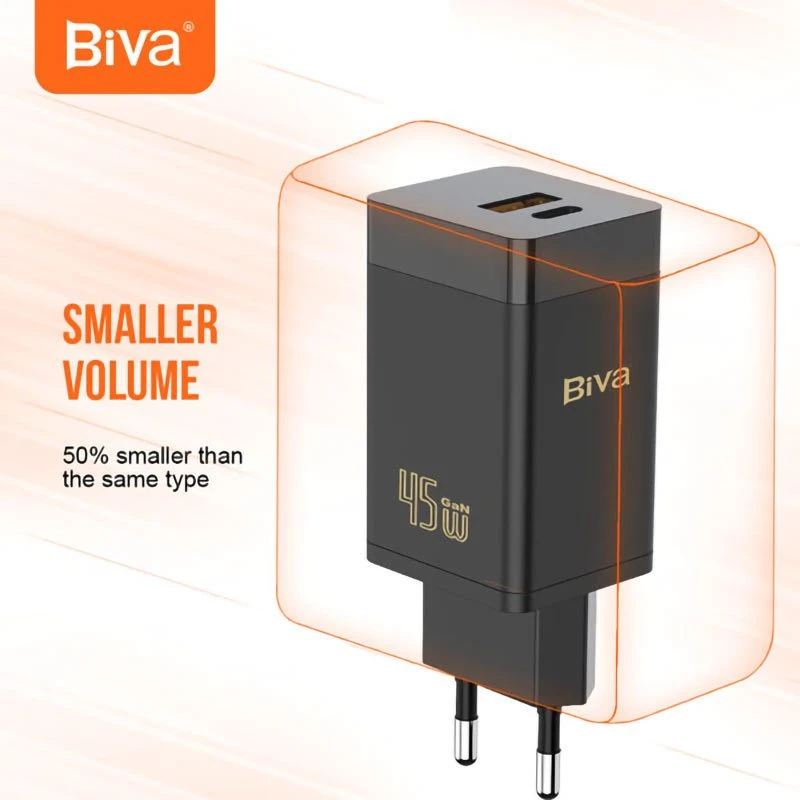 شارژر دیواری فست شارژ Biva HC-15 2Port GaN 3A QC3.0 PD 45W + کابل تبدیل تایپ سی