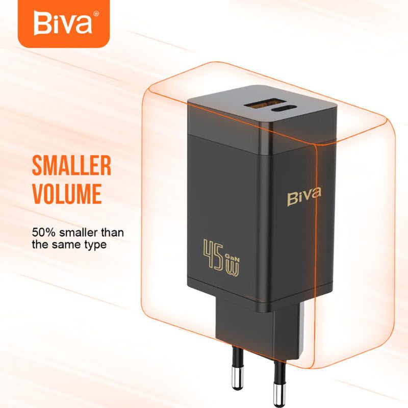 شارژر دیواری فست شارژ Biva HC-15 2Port GaN 3A QC3.0 PD 45W + کابل تبدیل تایپ سی