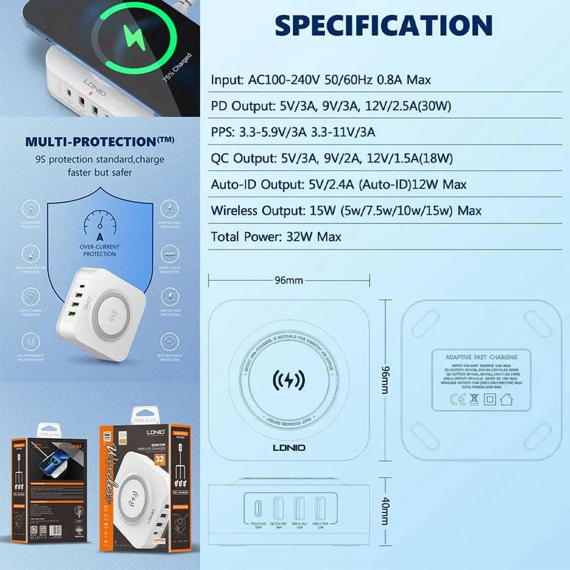 شارژر بی سیم فست شارژ 4 پورت Ldnio AW004 QC3.0 PD 32W