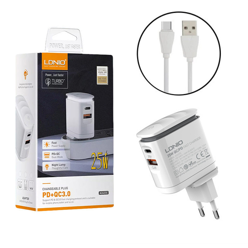 شارژر دیواری فست شارژ Ldnio A2423C 2Port 3A QC3.0 PD 25W + کابل تایپ سی