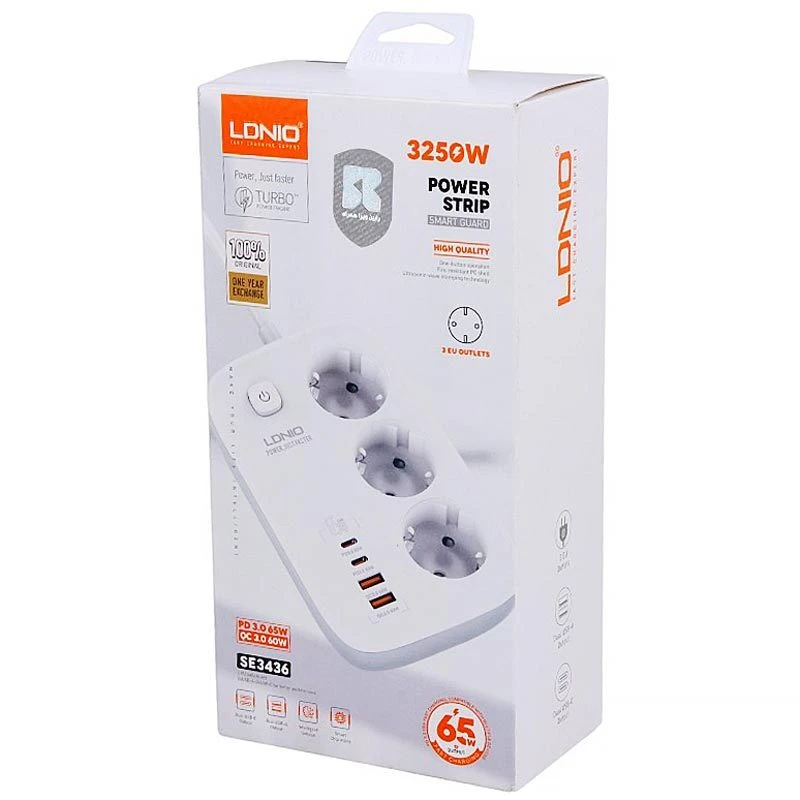چند راهی 3 خانه برق ارت دار الدینیو SE3436 با کابل 2 متری + شارژر USB و Type-C