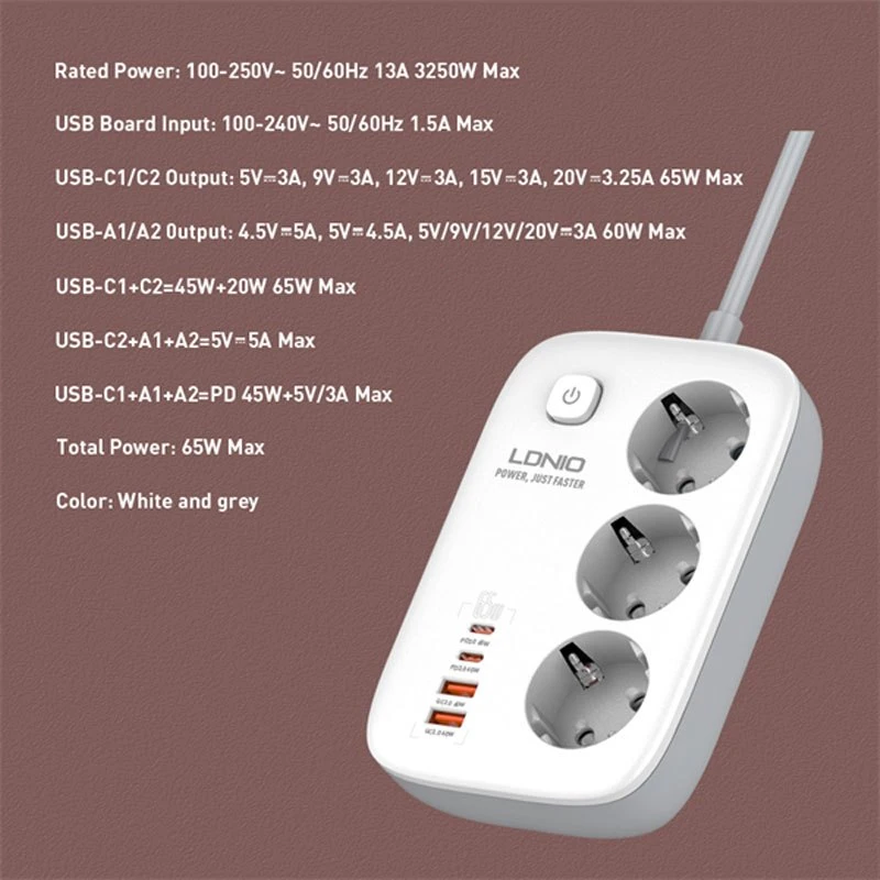 چند راهی 3 خانه برق ارت دار الدینیو SE3436 با کابل 2 متری + شارژر USB و Type-C