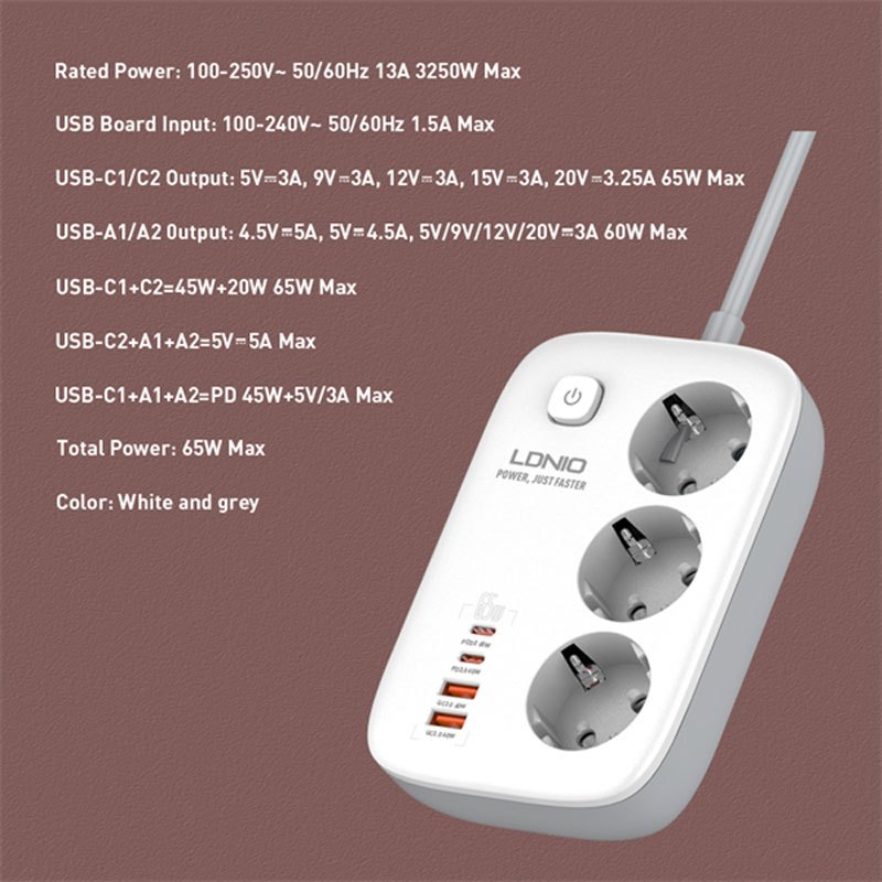 چند راهی 3 خانه برق ارت دار الدینیو SE3436 با کابل 2 متری + شارژر USB و Type-C