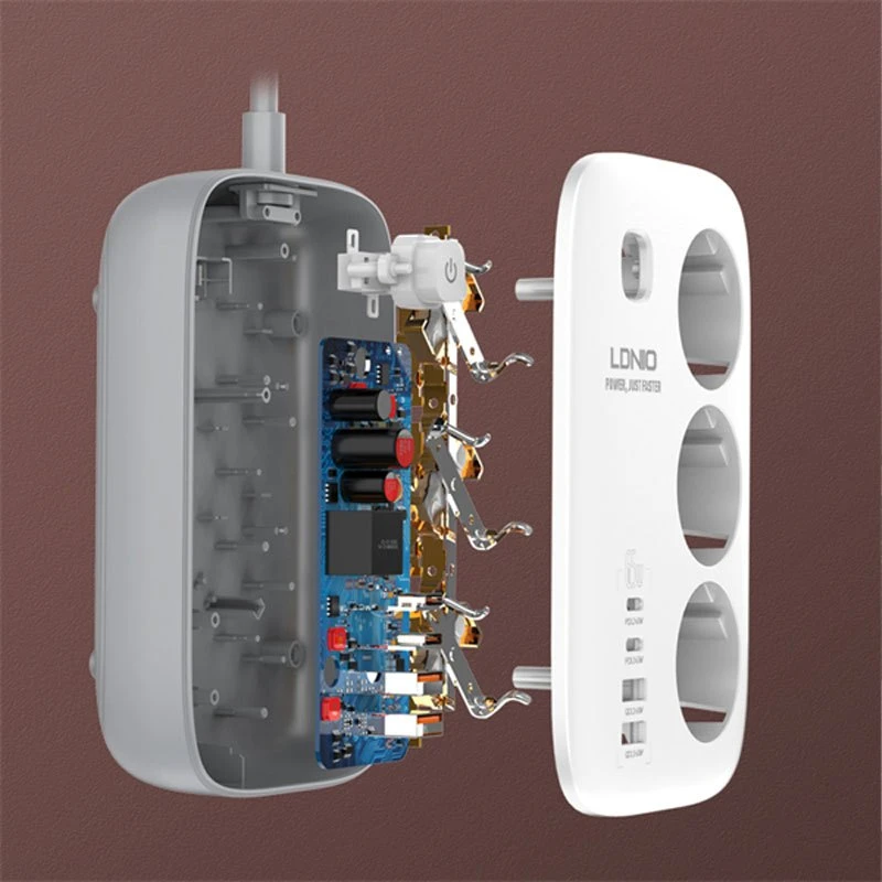 چند راهی 3 خانه برق ارت دار الدینیو SE3436 با کابل 2 متری + شارژر USB و Type-C