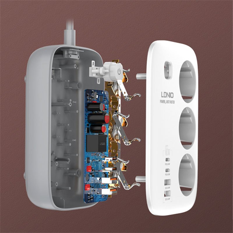 چند راهی 3 خانه برق ارت دار الدینیو SE3436 با کابل 2 متری + شارژر USB و Type-C