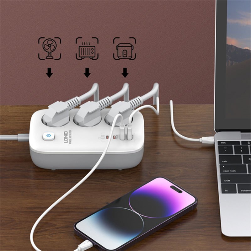 چند راهی 3 خانه برق ارت دار الدینیو SE3436 با کابل 2 متری + شارژر USB و Type-C