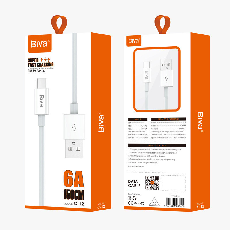 کابل تایپ سی فست شارژ Biva C-12 6A 1.5m